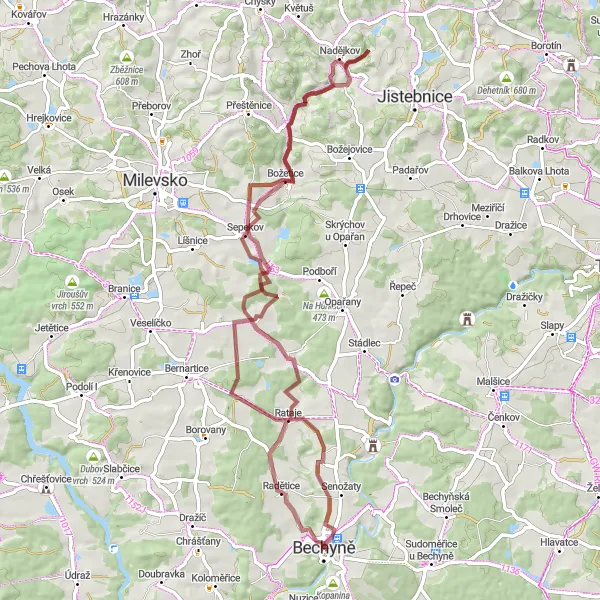 Mapa miniatúra "Gravelová Výzva kolem Bechyně" cyklistická inšpirácia v Jihozápad, Czech Republic. Vygenerované cyklistickým plánovačom trás Tarmacs.app