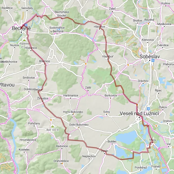 Map miniature of "Bechyňská Smoleč Loop" cycling inspiration in Jihozápad, Czech Republic. Generated by Tarmacs.app cycling route planner