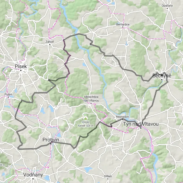 Mapa miniatúra "Náročná cyklotrasa z Bechyně" cyklistická inšpirácia v Jihozápad, Czech Republic. Vygenerované cyklistickým plánovačom trás Tarmacs.app