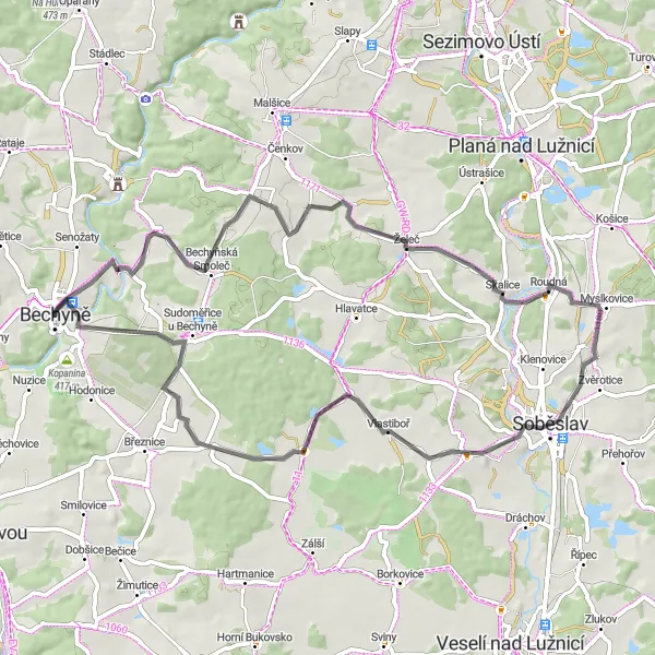 Miniaturní mapa "Cyklotrasa Lesy nad Bechyní" inspirace pro cyklisty v oblasti Jihozápad, Czech Republic. Vytvořeno pomocí plánovače tras Tarmacs.app