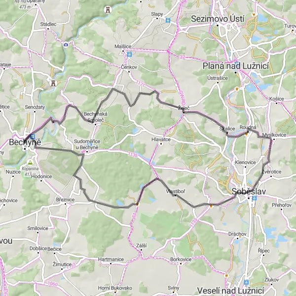 Map miniature of "Hills and Charming Villages" cycling inspiration in Jihozápad, Czech Republic. Generated by Tarmacs.app cycling route planner