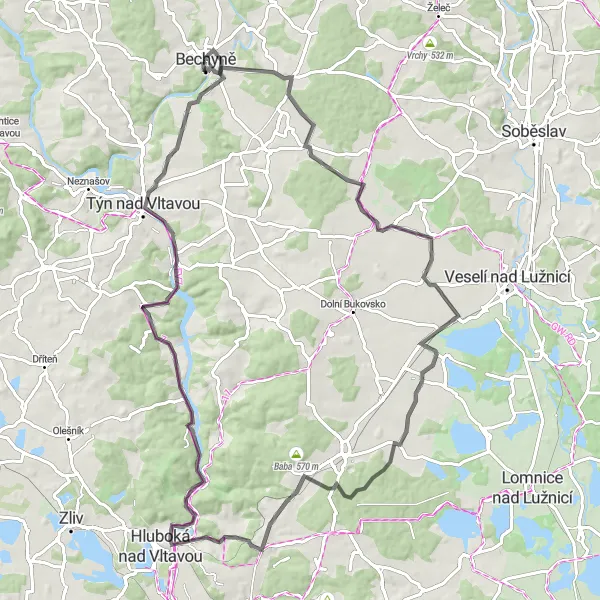 Mapa miniatúra "Cyklotrasa kolem Bechyně" cyklistická inšpirácia v Jihozápad, Czech Republic. Vygenerované cyklistickým plánovačom trás Tarmacs.app