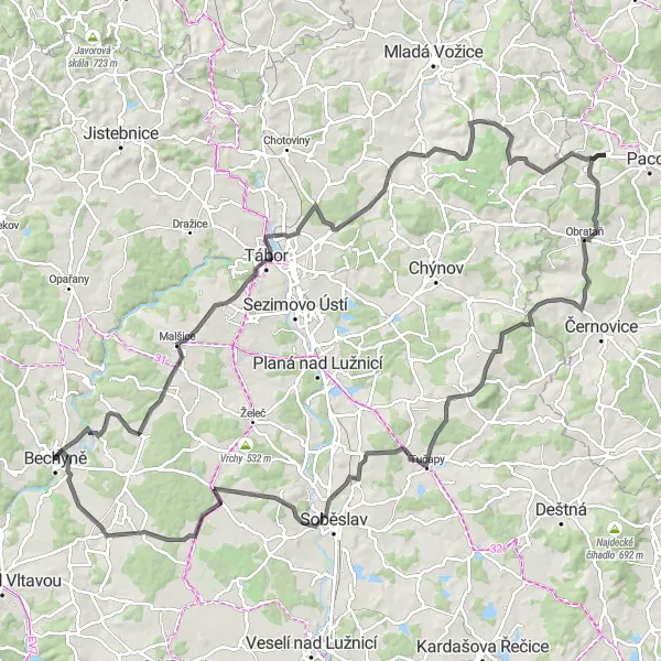 Mapa miniatúra "Cestná trasa cez Malšice a Svákov" cyklistická inšpirácia v Jihozápad, Czech Republic. Vygenerované cyklistickým plánovačom trás Tarmacs.app