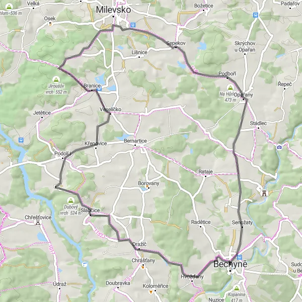 Miniaturní mapa "Road biking od Bechyně k Vyhlídce Vojty Náprstka" inspirace pro cyklisty v oblasti Jihozápad, Czech Republic. Vytvořeno pomocí plánovače tras Tarmacs.app