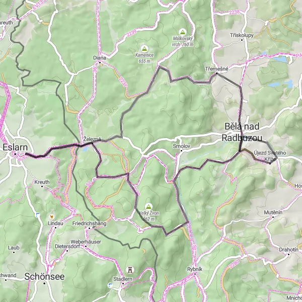 Map miniature of "The Road Less Traveled" cycling inspiration in Jihozápad, Czech Republic. Generated by Tarmacs.app cycling route planner