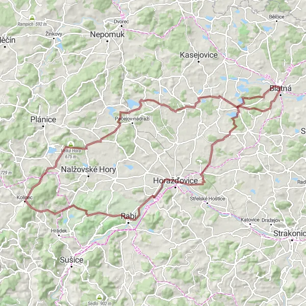 Map miniature of "Scenic Gravel Adventure - Blatná to Chanovice Circuit" cycling inspiration in Jihozápad, Czech Republic. Generated by Tarmacs.app cycling route planner