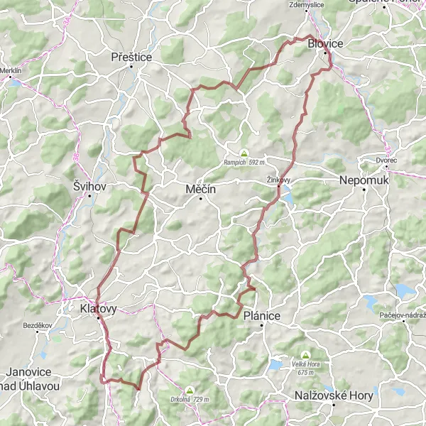 Karten-Miniaturansicht der Radinspiration "Gravel-Rundfahrt Blovice - Erkunden Sie die malerische Landschaft" in Jihozápad, Czech Republic. Erstellt vom Tarmacs.app-Routenplaner für Radtouren