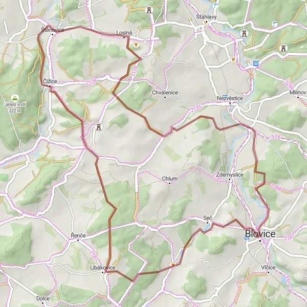 Map miniature of "Chocenický Újezd Gravel Excursion" cycling inspiration in Jihozápad, Czech Republic. Generated by Tarmacs.app cycling route planner