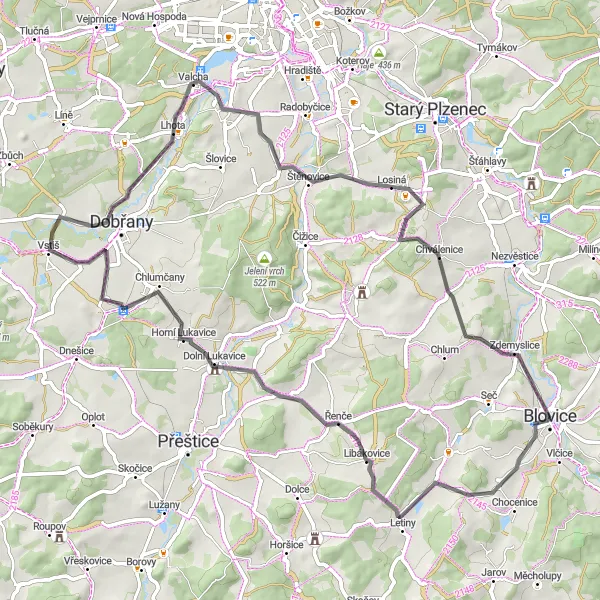 Mapa miniatúra "Road dobrodružství Jihozápadem" cyklistická inšpirácia v Jihozápad, Czech Republic. Vygenerované cyklistickým plánovačom trás Tarmacs.app