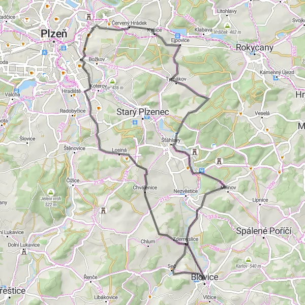 Miniaturní mapa "Okolí Blovic" inspirace pro cyklisty v oblasti Jihozápad, Czech Republic. Vytvořeno pomocí plánovače tras Tarmacs.app