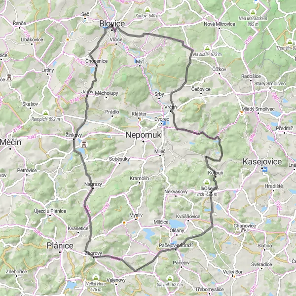 Map miniature of "Blovice and its Scenic Surroundings" cycling inspiration in Jihozápad, Czech Republic. Generated by Tarmacs.app cycling route planner