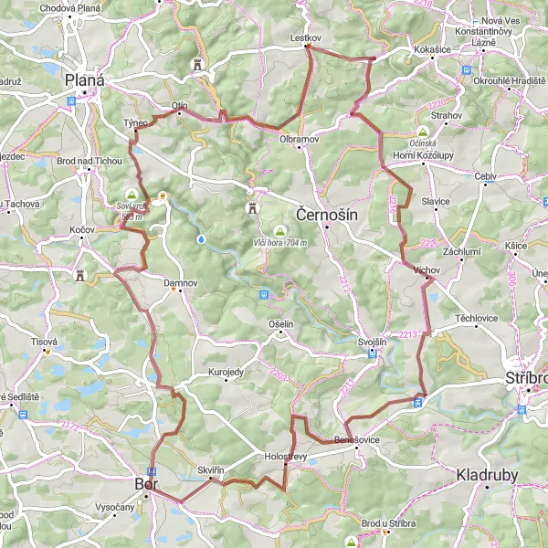 Map miniature of "Bor-Nová Hospoda-Soví vrch-Vysoké Sedliště-Dlouhý vrch-Domaslav" cycling inspiration in Jihozápad, Czech Republic. Generated by Tarmacs.app cycling route planner