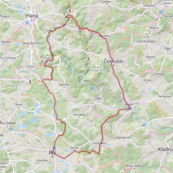 Miniaturní mapa "Gravel cyklostezka kolem Boru" inspirace pro cyklisty v oblasti Jihozápad, Czech Republic. Vytvořeno pomocí plánovače tras Tarmacs.app