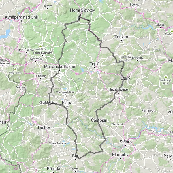 Karten-Miniaturansicht der Radinspiration "Road-Biketour um Bor" in Jihozápad, Czech Republic. Erstellt vom Tarmacs.app-Routenplaner für Radtouren