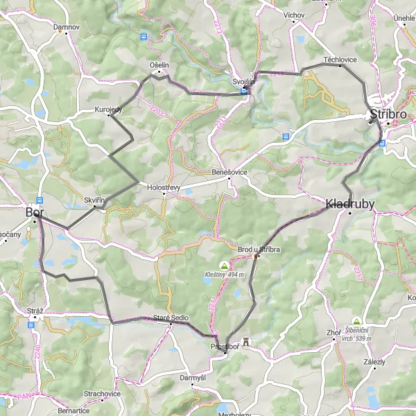 Mapa miniatúra "Cyklotúra kolem Boru" cyklistická inšpirácia v Jihozápad, Czech Republic. Vygenerované cyklistickým plánovačom trás Tarmacs.app
