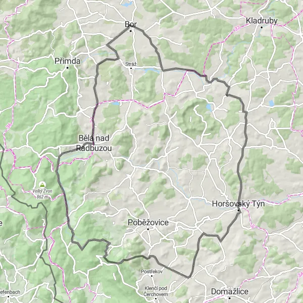 Mapa miniatúra "Okruh kolem Boru - Road" cyklistická inšpirácia v Jihozápad, Czech Republic. Vygenerované cyklistickým plánovačom trás Tarmacs.app