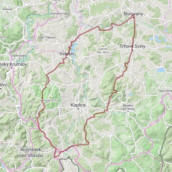 Miniaturní mapa "Borovanský Vrch a Šibeniční Vrch Gravel Route" inspirace pro cyklisty v oblasti Jihozápad, Czech Republic. Vytvořeno pomocí plánovače tras Tarmacs.app