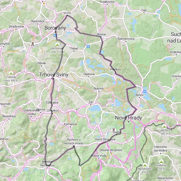 Miniaturní mapa "Vrchy a Hory Road Route" inspirace pro cyklisty v oblasti Jihozápad, Czech Republic. Vytvořeno pomocí plánovače tras Tarmacs.app