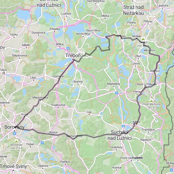 Miniaturní mapa "Road Cycling Adventure near Borovany" inspirace pro cyklisty v oblasti Jihozápad, Czech Republic. Vytvořeno pomocí plánovače tras Tarmacs.app