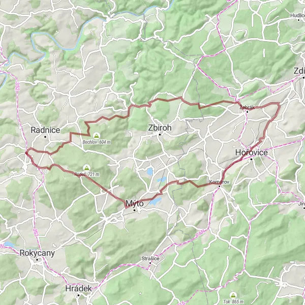 Mapa miniatúra "Gravelová okružná cyklotrasa cez Břasy" cyklistická inšpirácia v Jihozápad, Czech Republic. Vygenerované cyklistickým plánovačom trás Tarmacs.app