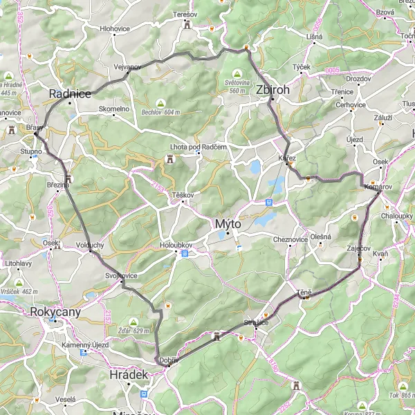 Map miniature of "The Hills" cycling inspiration in Jihozápad, Czech Republic. Generated by Tarmacs.app cycling route planner