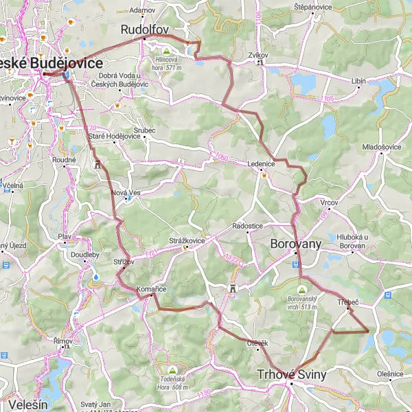 Miniaturní mapa "Gravelová cesta po jihozápadních Čechách" inspirace pro cyklisty v oblasti Jihozápad, Czech Republic. Vytvořeno pomocí plánovače tras Tarmacs.app