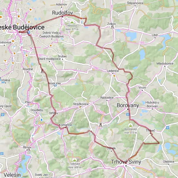 Mapa miniatúra "Trasa cez Hlincovú horu a Trhové Sviny" cyklistická inšpirácia v Jihozápad, Czech Republic. Vygenerované cyklistickým plánovačom trás Tarmacs.app