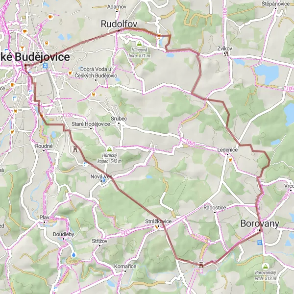 Mapa miniatúra "Gravelový okruh okolo Českých Budějovic" cyklistická inšpirácia v Jihozápad, Czech Republic. Vygenerované cyklistickým plánovačom trás Tarmacs.app