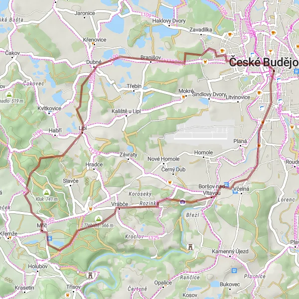 Mapa miniatúra "Gravel Cez Boršov nad Vltavou" cyklistická inšpirácia v Jihozápad, Czech Republic. Vygenerované cyklistickým plánovačom trás Tarmacs.app