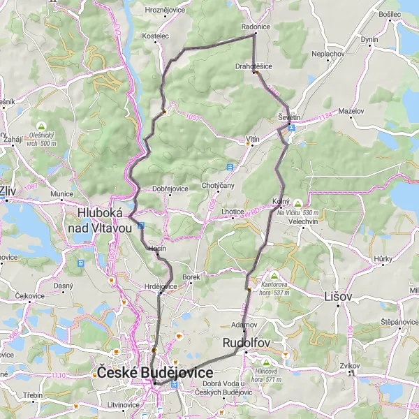 Miniaturní mapa "Cyklistický okruh kolem Hrdějovic" inspirace pro cyklisty v oblasti Jihozápad, Czech Republic. Vytvořeno pomocí plánovače tras Tarmacs.app