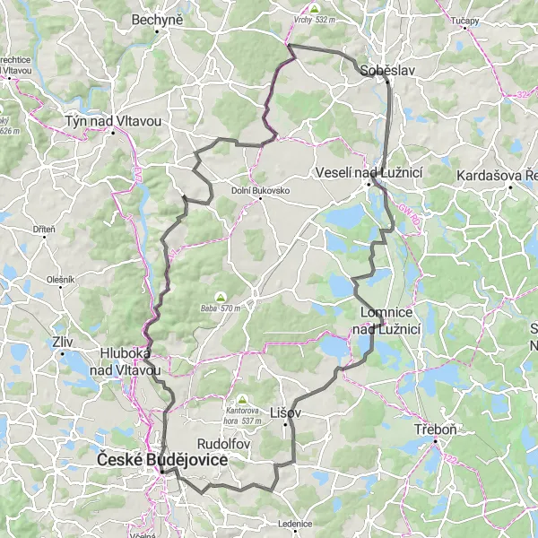 Miniaturní mapa "Silniční trasa s historickým nádechem" inspirace pro cyklisty v oblasti Jihozápad, Czech Republic. Vytvořeno pomocí plánovače tras Tarmacs.app