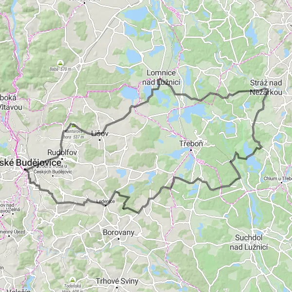 Miniaturní mapa "Road trasa kolem Českých Budějovic" inspirace pro cyklisty v oblasti Jihozápad, Czech Republic. Vytvořeno pomocí plánovače tras Tarmacs.app
