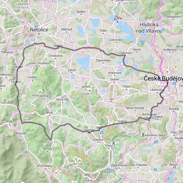 Mapa miniatúra "Road Okolo Českých Budějovic" cyklistická inšpirácia v Jihozápad, Czech Republic. Vygenerované cyklistickým plánovačom trás Tarmacs.app