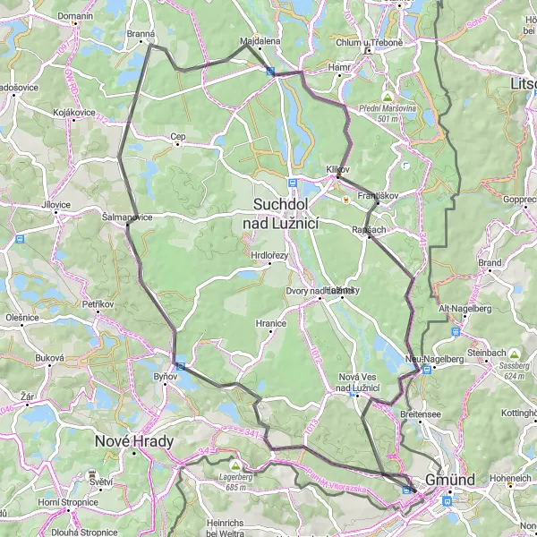 Mapa miniatúra "Vyjazd z Vyšné do Čabelice" cyklistická inšpirácia v Jihozápad, Czech Republic. Vygenerované cyklistickým plánovačom trás Tarmacs.app