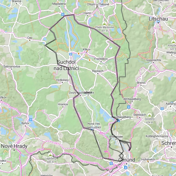 Map miniature of "Challenging Road Cycling Loop with Stunning Views near České Velenice" cycling inspiration in Jihozápad, Czech Republic. Generated by Tarmacs.app cycling route planner