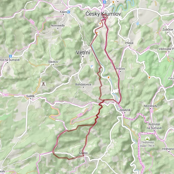 Map miniature of "Český Krumlov - Věncová hora loop" cycling inspiration in Jihozápad, Czech Republic. Generated by Tarmacs.app cycling route planner