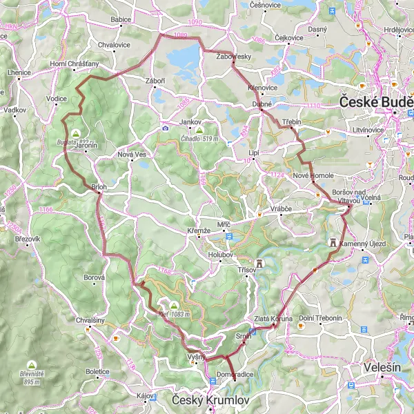 Map miniature of "Český Krumlov - Domoradice loop" cycling inspiration in Jihozápad, Czech Republic. Generated by Tarmacs.app cycling route planner