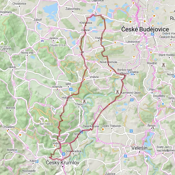 Map miniature of "Český Krumlov - Staré Dobrkovice loop" cycling inspiration in Jihozápad, Czech Republic. Generated by Tarmacs.app cycling route planner