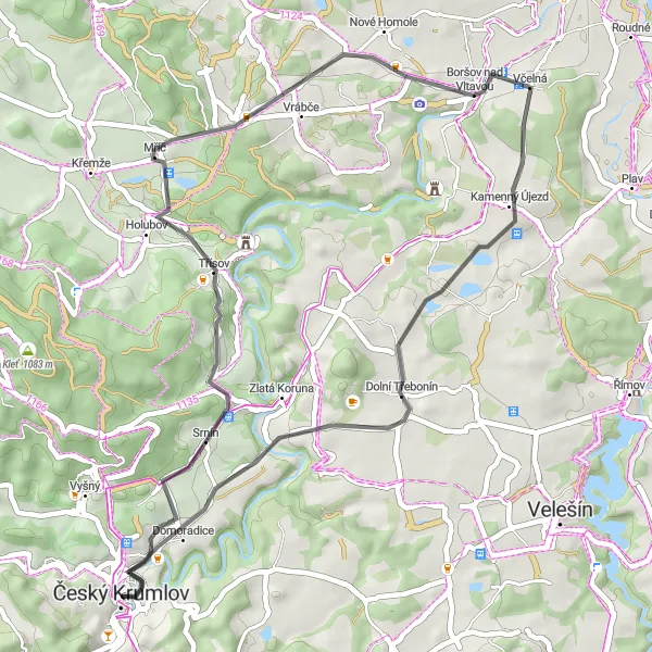 Map miniature of "Český Krumlov - Srnín loop" cycling inspiration in Jihozápad, Czech Republic. Generated by Tarmacs.app cycling route planner