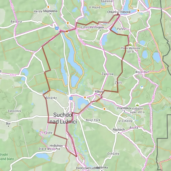 Karten-Miniaturansicht der Radinspiration "Gravel Tour durch Přední Maršovina" in Jihozápad, Czech Republic. Erstellt vom Tarmacs.app-Routenplaner für Radtouren