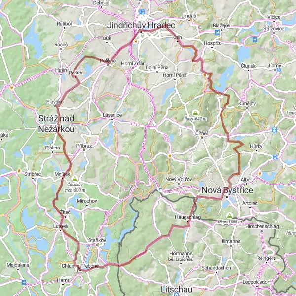 Map miniature of "Chlum u Třeboně Gravel Adventure" cycling inspiration in Jihozápad, Czech Republic. Generated by Tarmacs.app cycling route planner