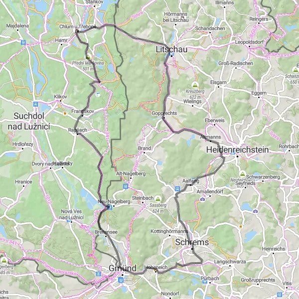 Miniatura mapy "Rowerowy szlak do Schloss Gmünd" - trasy rowerowej w Jihozápad, Czech Republic. Wygenerowane przez planer tras rowerowych Tarmacs.app