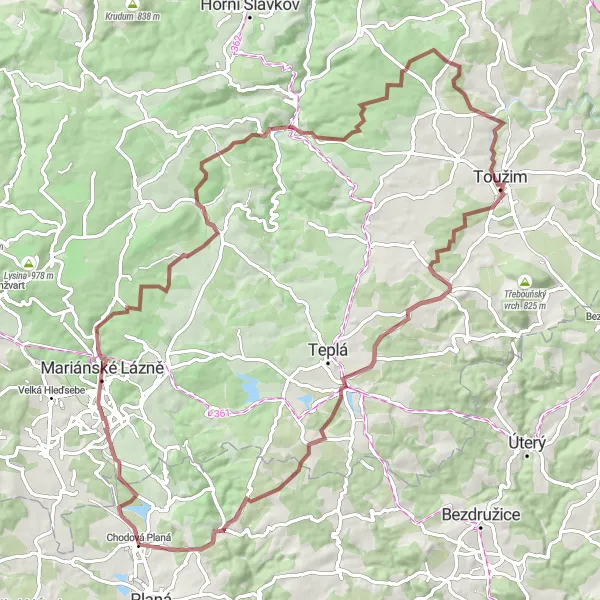 Map miniature of "The Remote Gravel Escape" cycling inspiration in Jihozápad, Czech Republic. Generated by Tarmacs.app cycling route planner