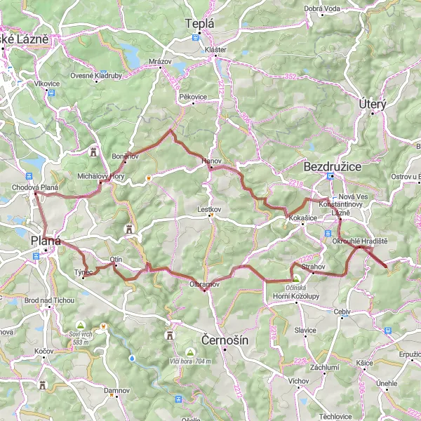 Mapa miniatúra "Kruh okolo Michalových hor" cyklistická inšpirácia v Jihozápad, Czech Republic. Vygenerované cyklistickým plánovačom trás Tarmacs.app