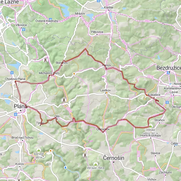 Mapa miniatúra "Chodová Planá - Boněnov - Milkovské čihadlo - Herma - Křínov - Bohušův vrch - Planá - Chodová Planá" cyklistická inšpirácia v Jihozápad, Czech Republic. Vygenerované cyklistickým plánovačom trás Tarmacs.app