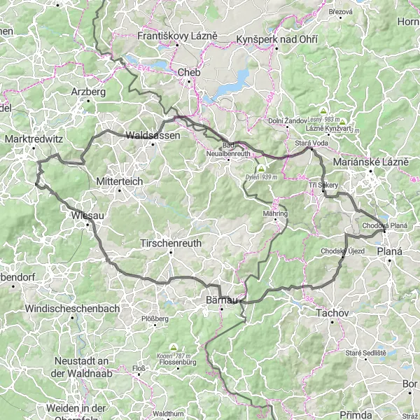 Map miniature of "Chodová Planá Loop" cycling inspiration in Jihozápad, Czech Republic. Generated by Tarmacs.app cycling route planner