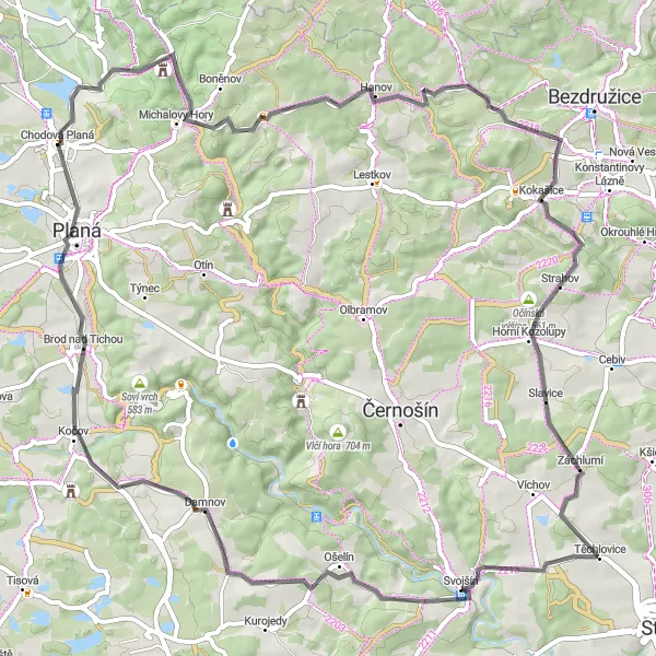 Mapa miniatúra "Okružná cyklistická trasa okolo Chodovej Planá (Jihozápad, Česká republika)" cyklistická inšpirácia v Jihozápad, Czech Republic. Vygenerované cyklistickým plánovačom trás Tarmacs.app