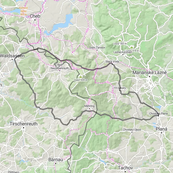 Mapa miniatúra "Chodová Planá - Nad Rybníčkem - Galgenberg - Wondreb - Eiserner Hut - Mýtina - Tři Sekery - Panský vrch - Chodová Planá" cyklistická inšpirácia v Jihozápad, Czech Republic. Vygenerované cyklistickým plánovačom trás Tarmacs.app