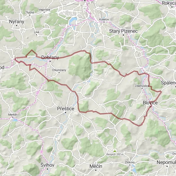 Mapa miniatúra "Gravel cyklotrasa cez Kožich a Plevňov" cyklistická inšpirácia v Jihozápad, Czech Republic. Vygenerované cyklistickým plánovačom trás Tarmacs.app