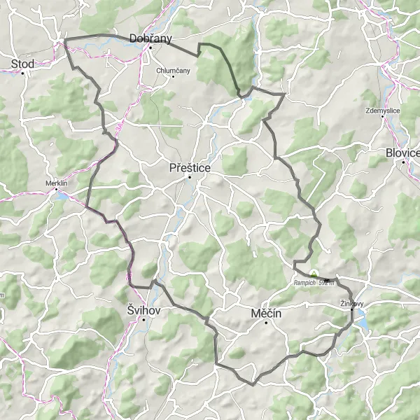 Mapa miniatúra "Cyklotrasa s výstupom na Tlustú horu a Petrovičky pre silničné bicykle" cyklistická inšpirácia v Jihozápad, Czech Republic. Vygenerované cyklistickým plánovačom trás Tarmacs.app